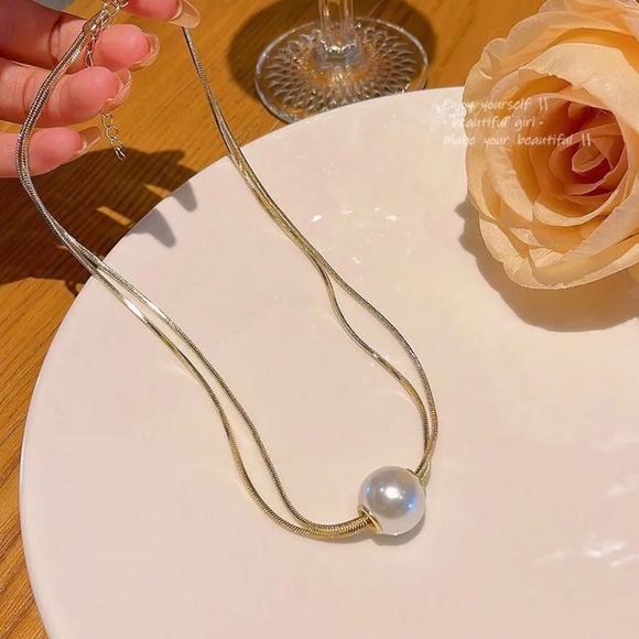 14KT Gold Plated Pearl Double Chain Necklace - Picture 3 of 8